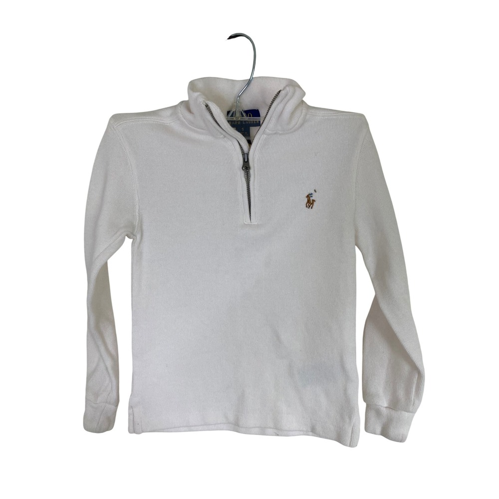 Polo Ralph Lauren Boys White‎ Ribbed Quarter Zip Pullover Sweater Size 5 Pony